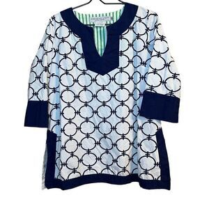 Gretchen Scott Medium White Blue Cotton Circles 3/4 Sleeve Tunic Top